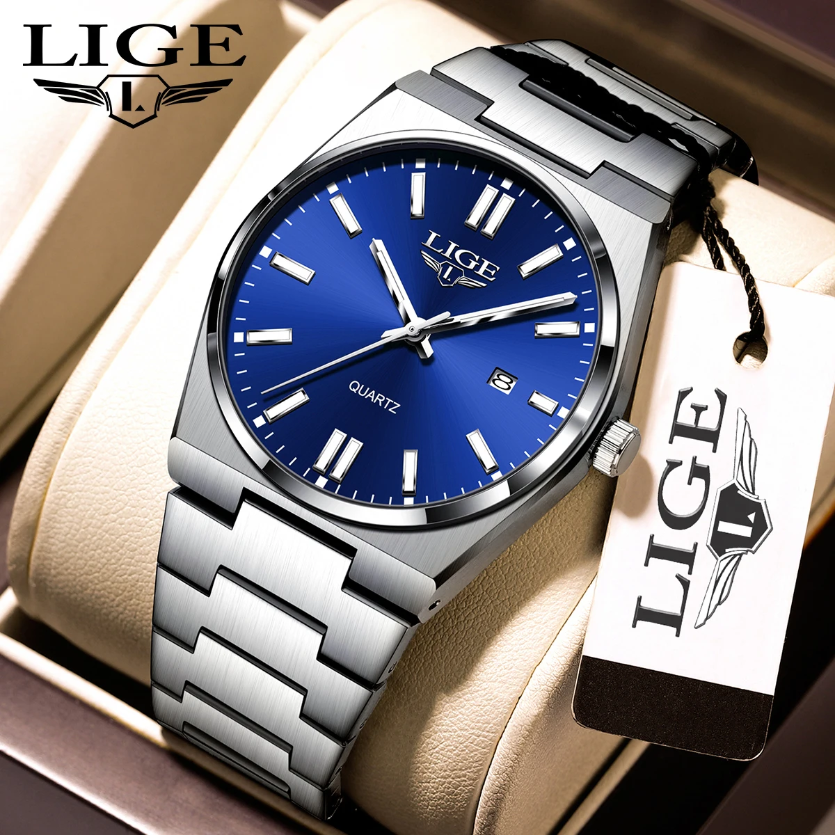 Reloj LIGE de lujo para hombre, resistente al agua, luminoso, con fecha, semana, reloj de acero inoxidable para hombre, relojes de cuarzo informales para hombre, reloj masculino + caja