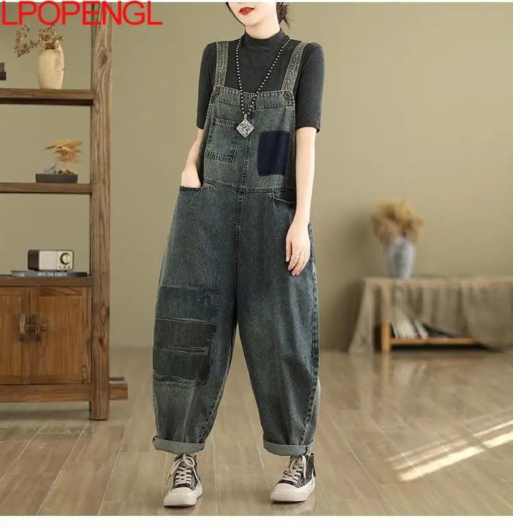 Vintage Jeans Women\'s Autumn Loose Print Versatile Patchwork Washed Denim Overalls Oversized Straight-leg Streetwear Jumpsuit