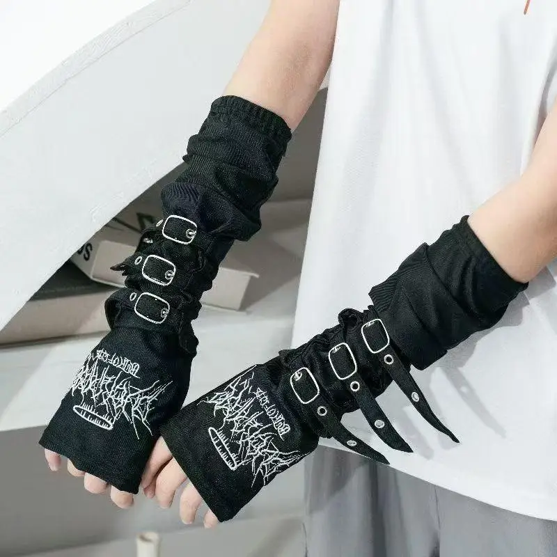1Pair Black Gothic Fingerless Long Gloves Embroidery Design Adjustable Buckles For Halloween Cosplay Punk Party Streetwear