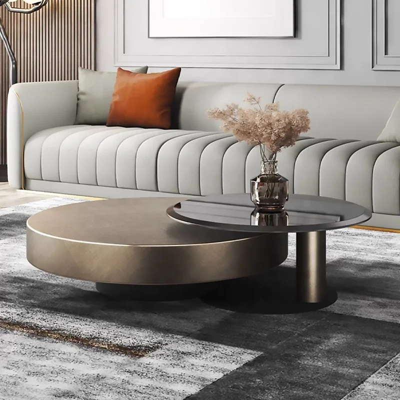 Deluxe set Carbon steel glass Classic coffee table Living room set Stainless steel gold round coffee table