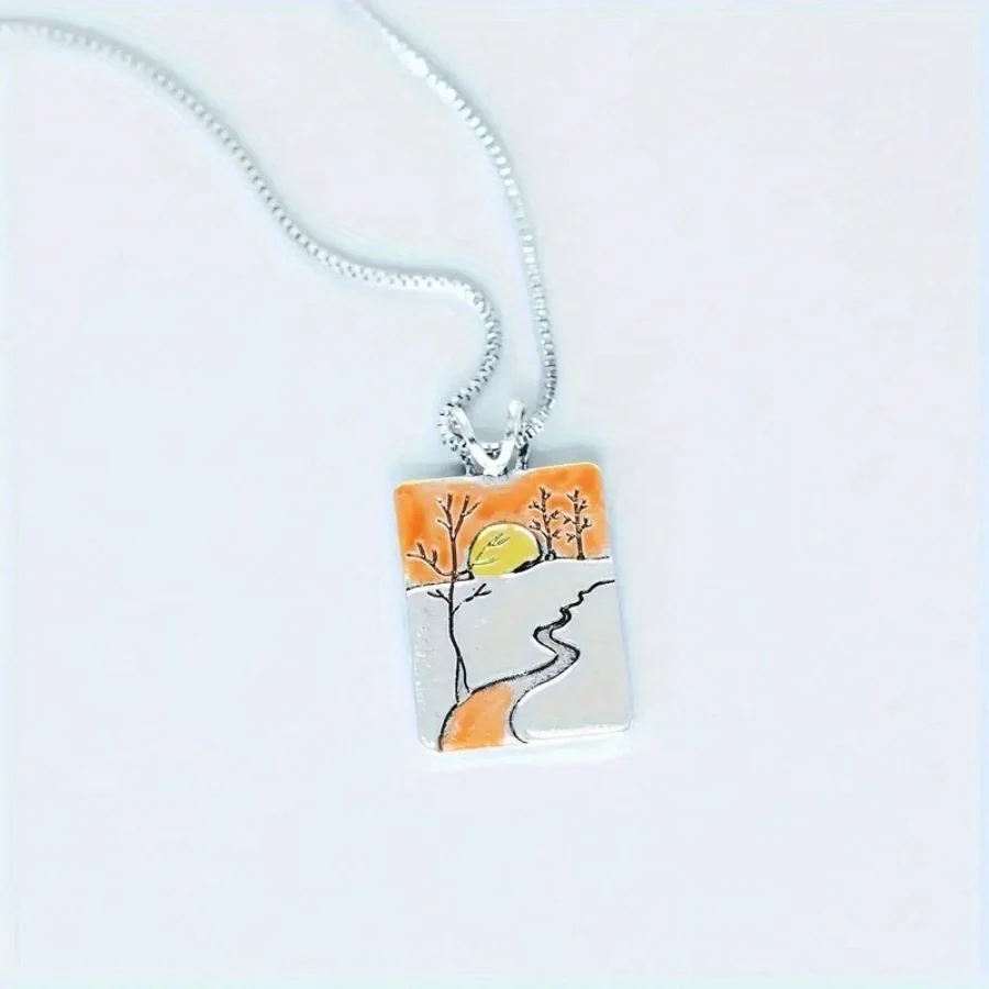 Vintage Bohemian sunset river forest pattern necklace as a jewelry gift for ladies\' birthday parties and anniversaries