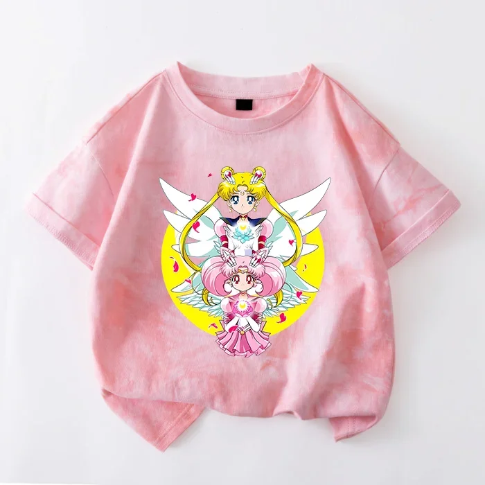 T-shirt con tintura Sailor Moon per ragazze, cartoni animati, vestiti stampati, moda, abbigliamento comodo, top, magliette estive per bambini, regali di compleanno