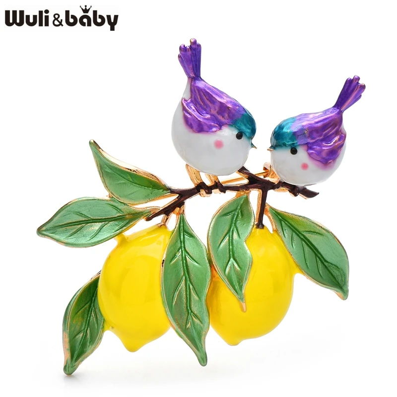 Wuli & baby lindos broches esmaltados de pássaros e limão, lindas plantas, broche de animais para mochila feminina, roupas, crachá, presentes