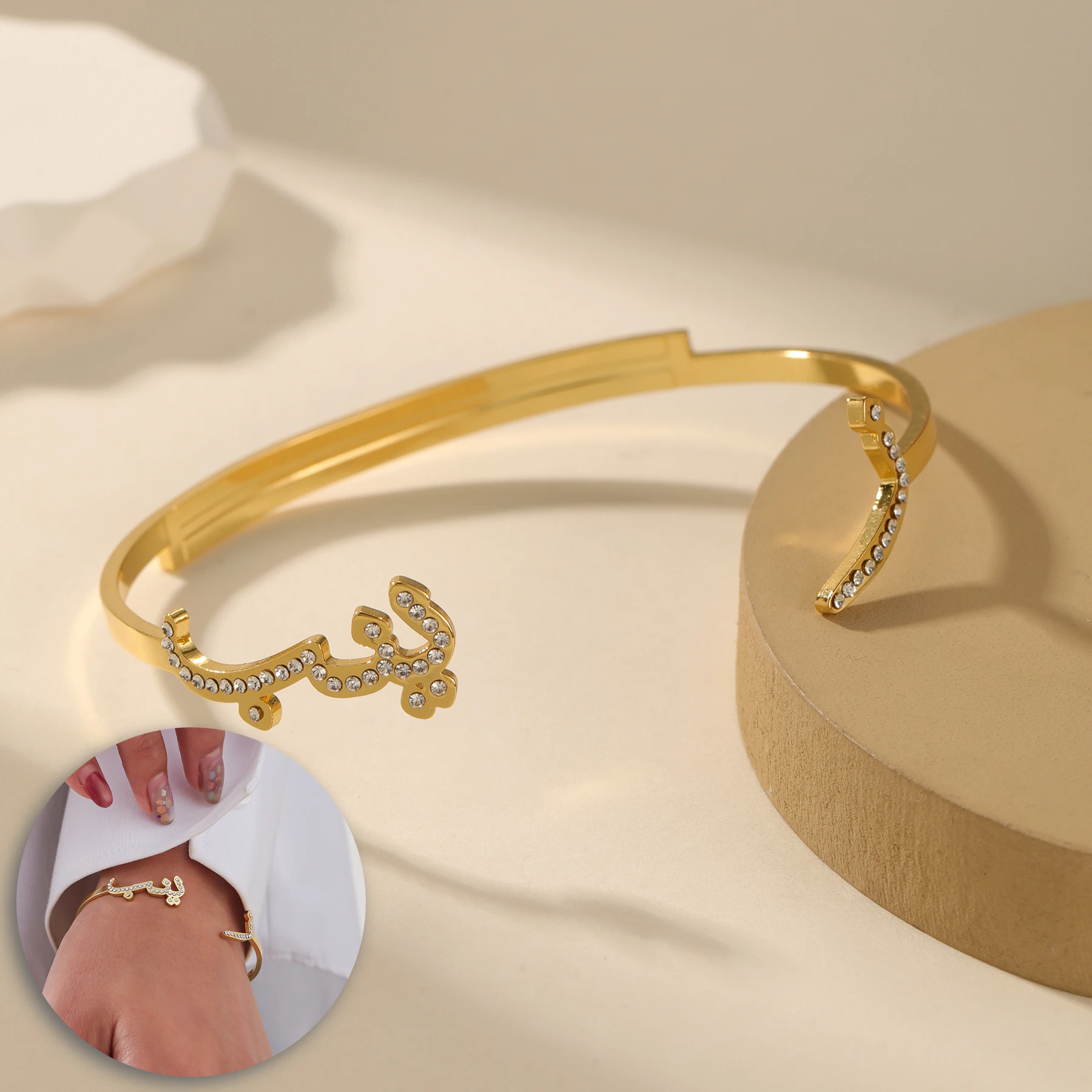 

Персонализированный браслет с арабскими буквами, браслеты-манжеты, индивидуальный браслет с бриллиантами, открытые мусульманские браслеты из нержавеющей стали, подарок для нее