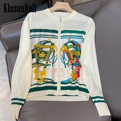 9.26 KlasonBell Vintage Silk Art Pattern Print Spliced Zipper Thin Knitted Cardigan Women