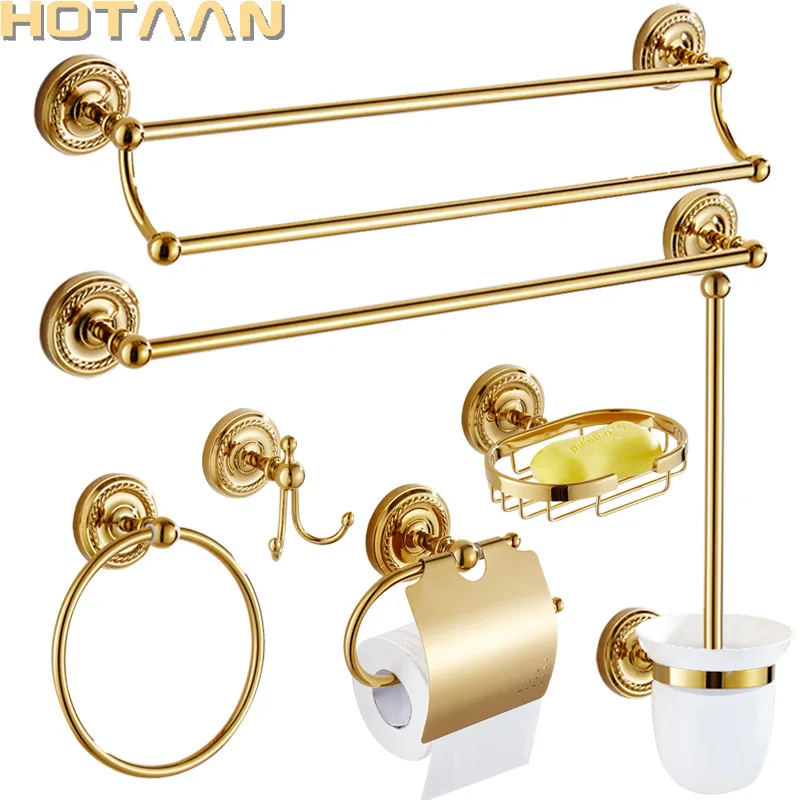 Sold Brass Bathroom Accessories Set,Robe hook,Paper Holder,Towel Bar,Towel Ring,bathroom sets, Gold Towel Rack  HT-810900-T