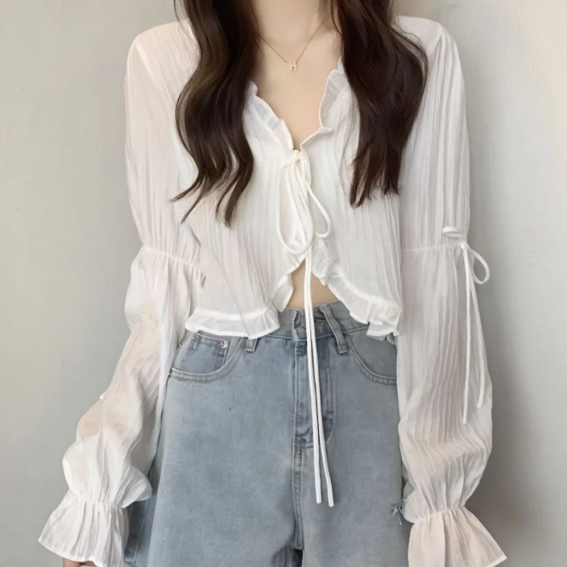 Flare Sleeve T-shirts Women Sun Protection Ruffles Elegant Loose Breathable Summer Streetwear Fashion Schoolgirls Simple Daily