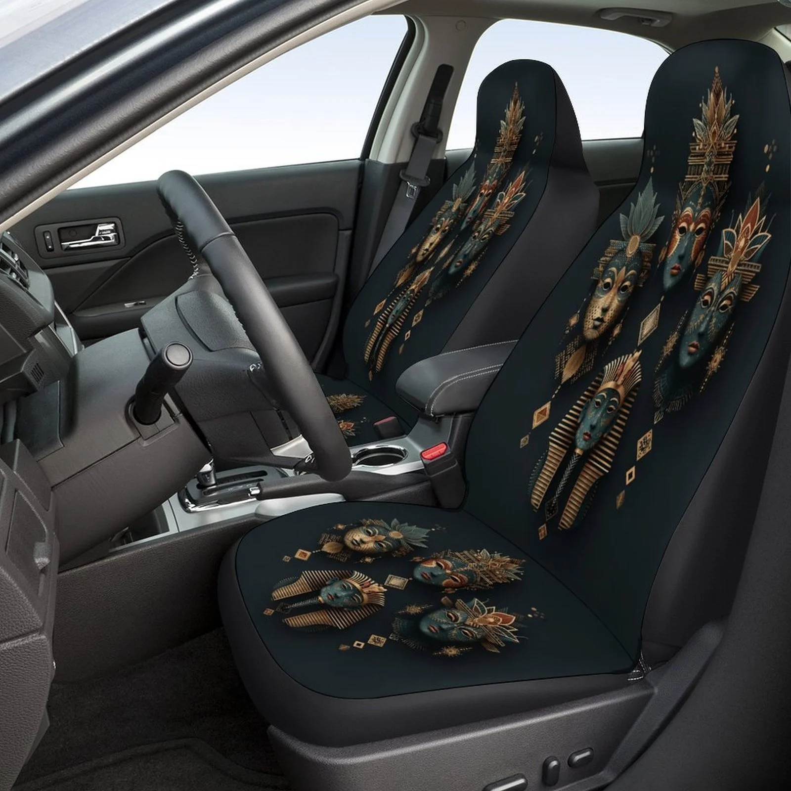 Set Of Car Seat Covers Featuring Egyptian Masks, Designed To Fit Most Vehicles. Stylish And Unique, This Complete Set Includes C