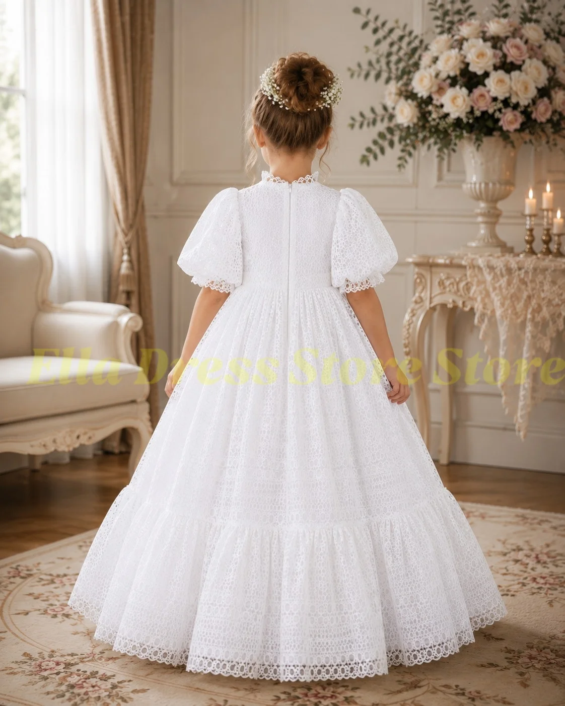 Weißes Spitzen-Blumenmädchenkleid mit halben Ärmeln für Hochzeiten, Puffärmel, Prinzessinnen-Stil, Festzug, Geburtstag, hoher Kragen, Großhandel, individuell anpassbar – Detail 2