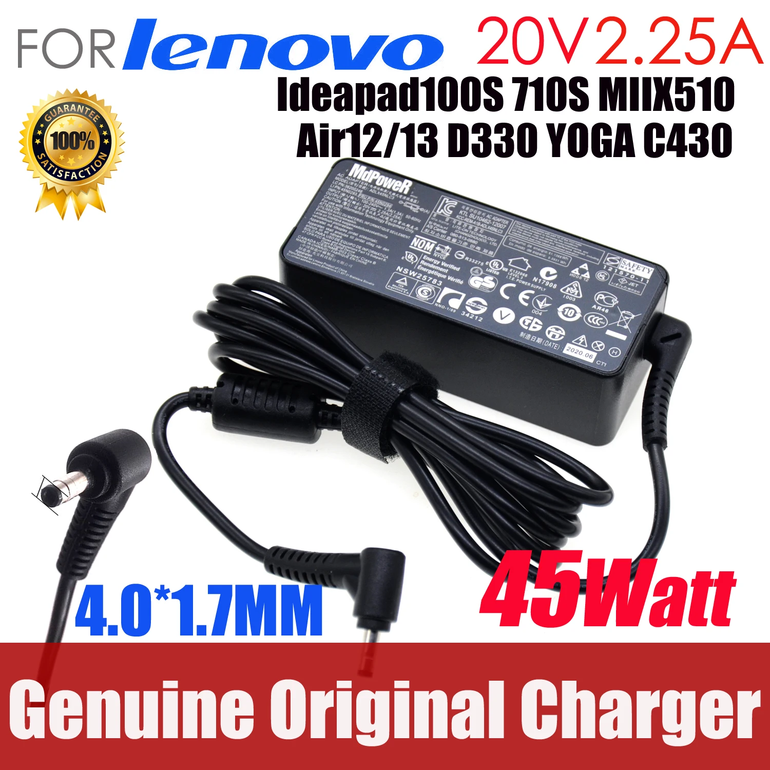 

Original AC adapter FOR Lenovo Ideapad 100S 710S 310 MIIX510 Air12/13 D330 330S-13/14 120S 320 PA-1450-55LN 20V 2.25A Charger