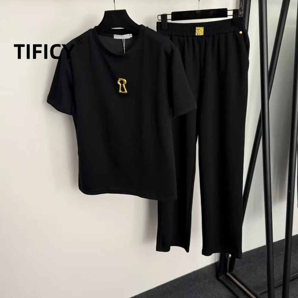 

Комплект из 2 предметов High Street: женские хлопковые футболки с коротким рукавом и брюки с эластичным поясом, новинка весна-лето