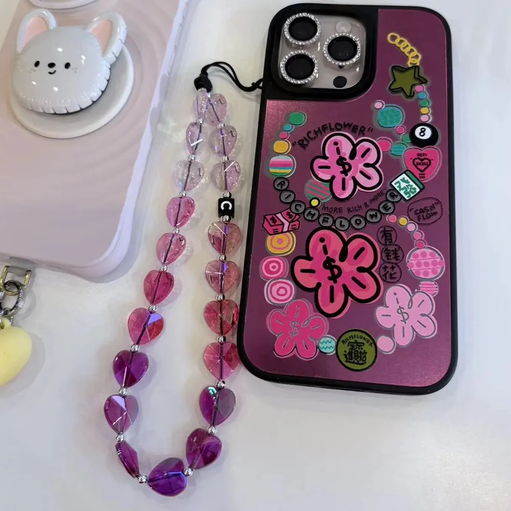 

Pink Heart Beads Phone Charm Short Chain Mobile Phone Straps for IPhone Lanyard Bracelet for Samsung Galaxy
