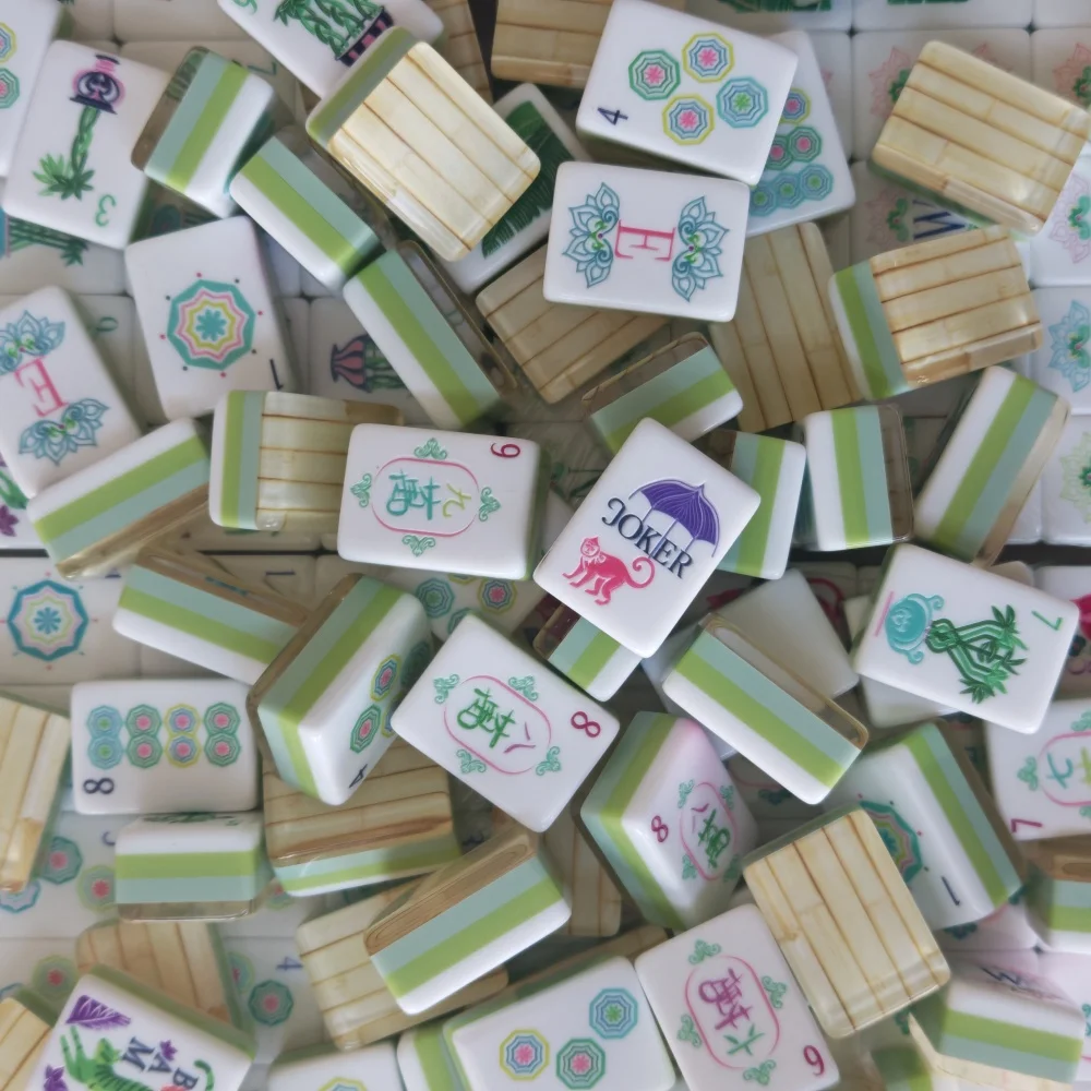 Hot Bamboo Pattern Mahjong Tiles 4-Layer Acrylic American Mahjong Set Travel Mah Jongg Sets for Party Board Games Birthday Gifts