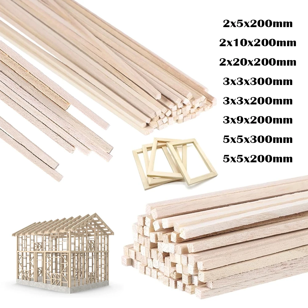 20/50 Uds. Tira de madera de Balsa, artesanía cuadrada, modelo de Cudgel, juguetes, tallado de construcción, artesanía, accesorios DIY, palo de Balsa de 2-5mm