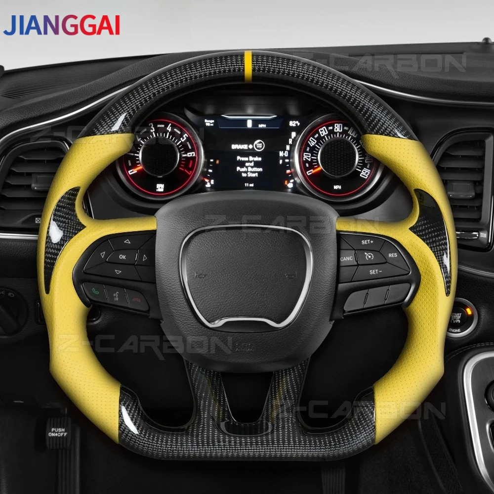 Real Carbon Fiber Perforated Leather Steering Wheel D-shaped Flat-bottom Yellow Center Line For Dodge Challenger 2015-2020