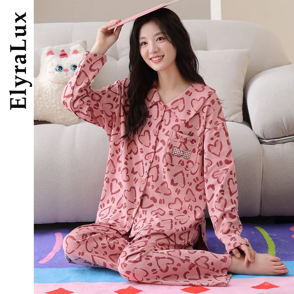 

ElyraLux Women's Pajama Pure Cotton Sleepwear Turn-Down Collar Trousers Sets Autumn Pajama Sets Pyjama Femme Pijama Mujer