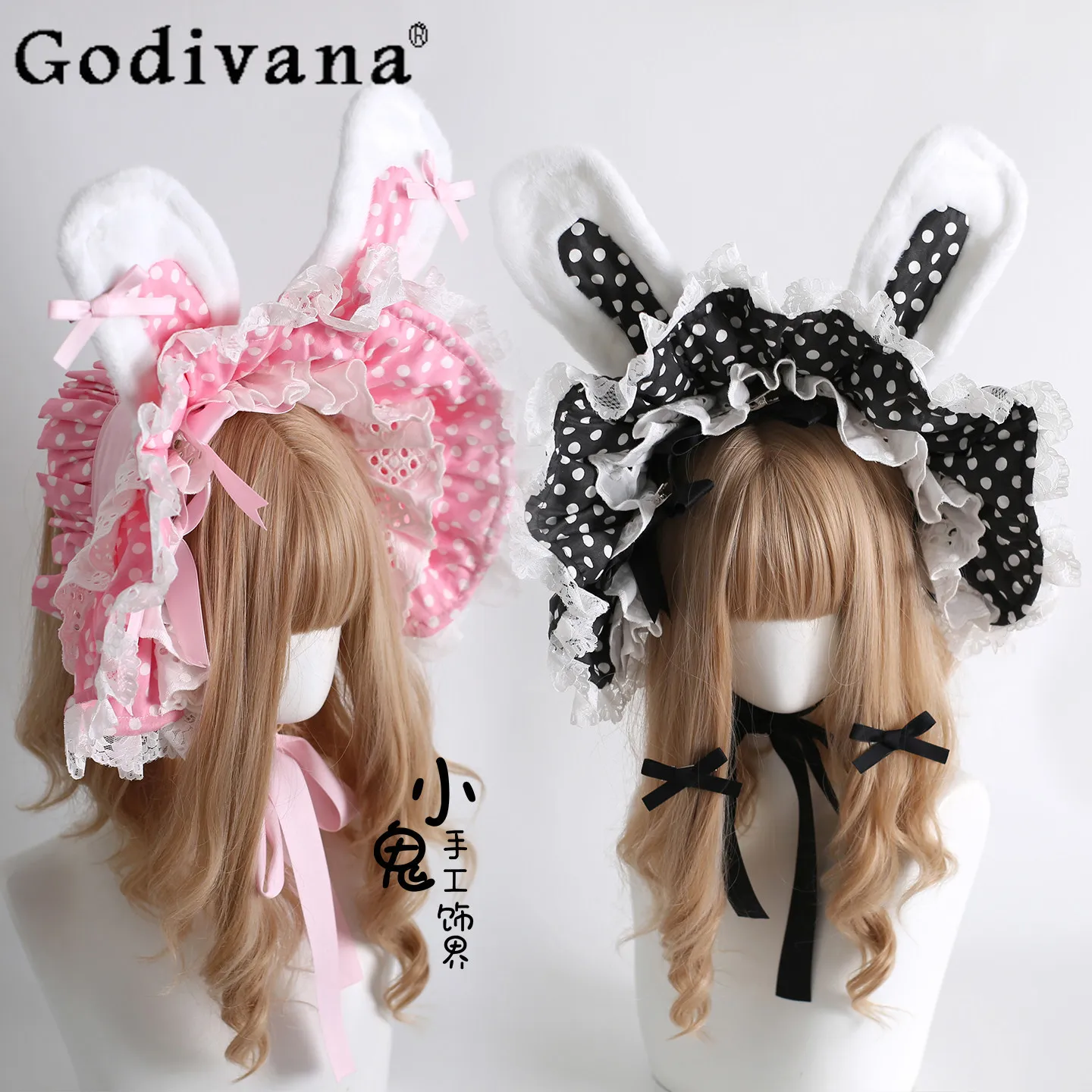 

Japanese Original Lolita Bow Cartoon Rabbit Hair Accessories Polka Dot Bnt Lace Cute Doll Feeling Flat Hat Headdress