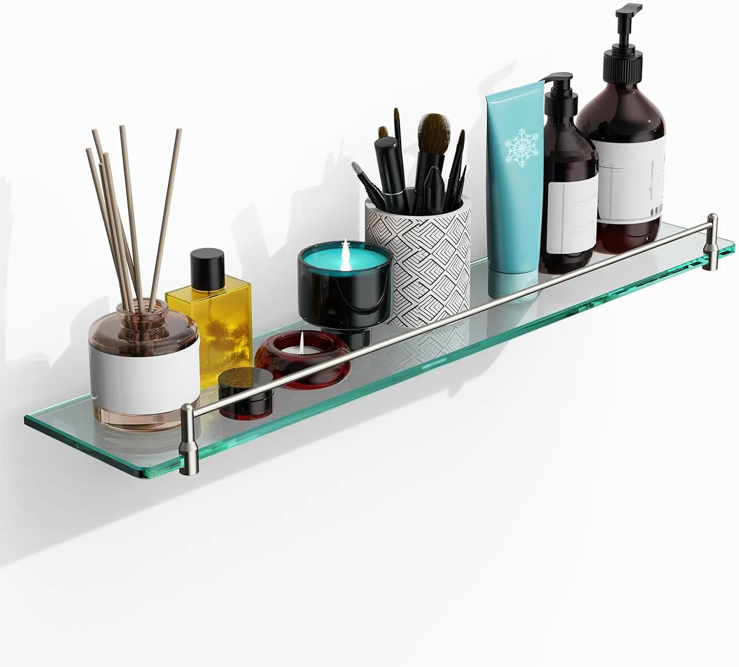 

24 Inch Glass Bathroom Shelves, Brushed Nickel Floating Wall Mounted Modern Rectangular Stainless Steel Shelf