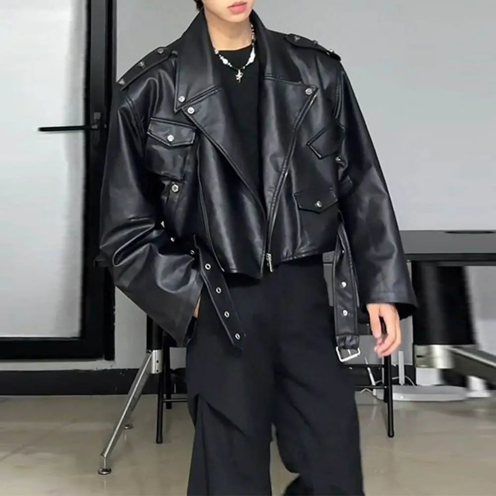 Men's Cropped Leather Jacket with Studded Shoulders, Streetwear Fashion Biker Jacket, Casual Cool Jacket for Fall and Winter