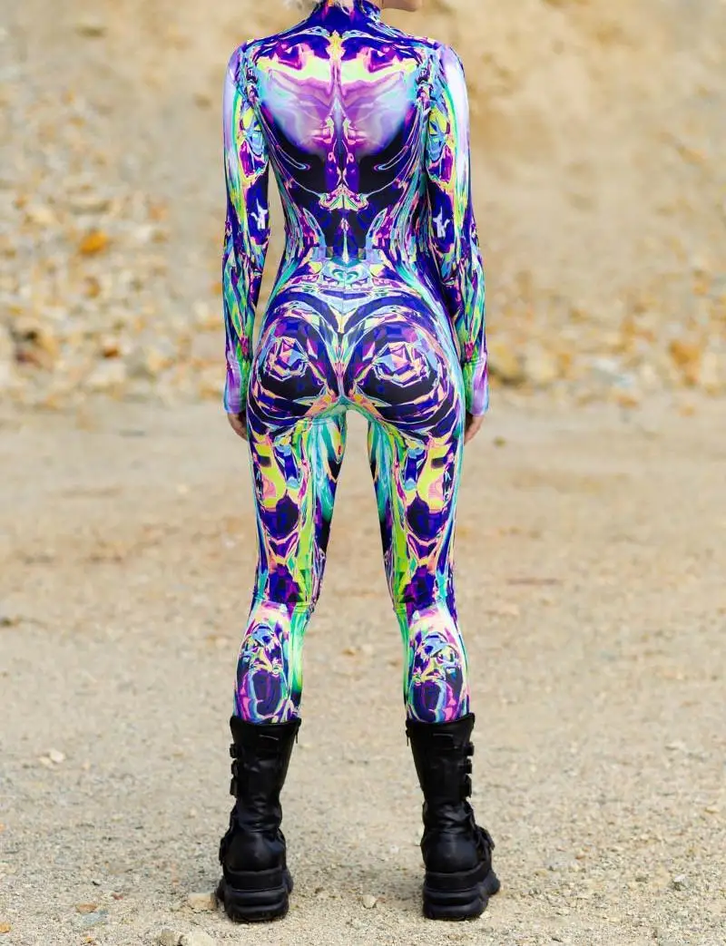 Halloween Damen Cyberpunk Roter Pfauenfeder-Jumpsuit Party Rollenspiel Steampunk Halloween Festtagskostüm Stretch-Bodysuit – Detail 23