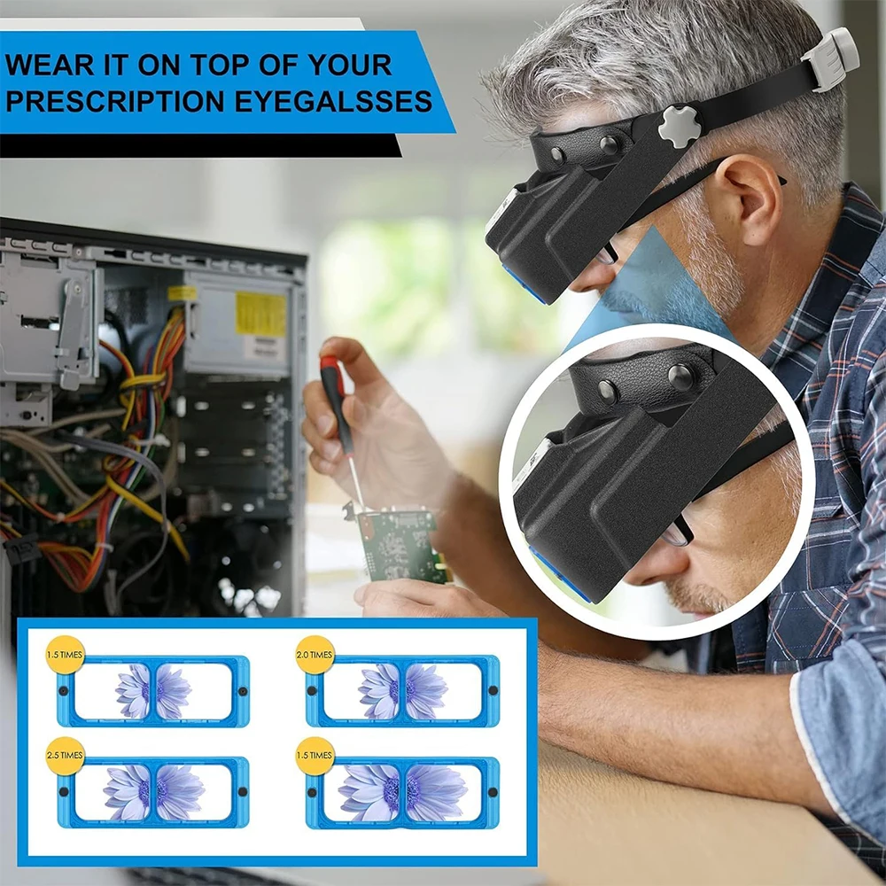 

Rechargeable Head-Mounted Magnifier with LED Light, Headband Double Lens Reading Magnifying Glass for Close Work Loupe-1.5X-3.5X