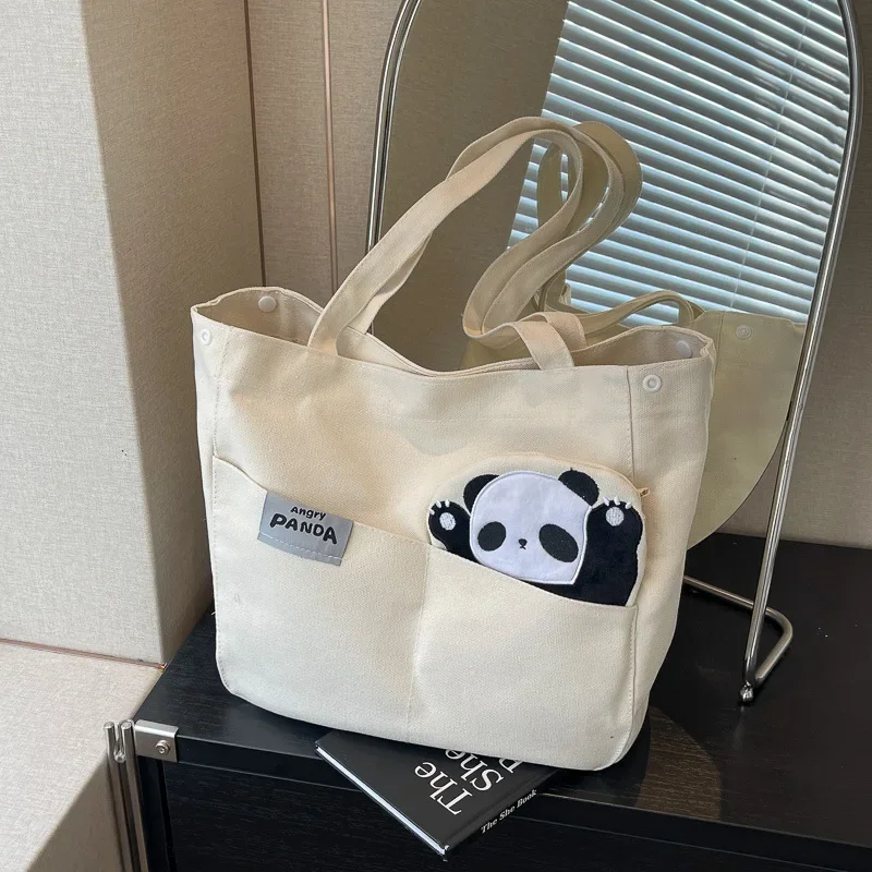 Cute Panda Canvas Shoulder Bag  Women's Large Capacity Commuter Tote Bag Cartoon Fashion Tote  Travel Bag