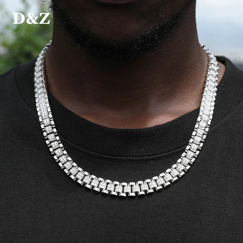 

D&Z New 10mm Iced Out Watch Band Cuban Link Chain Necklace Brass Material Iced Out Bling AAA CZ Stones For Men Women Jewelry