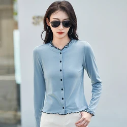 Fashionable and versatile slim fit button up cardigan short style women's long sleeved solid color cotton top