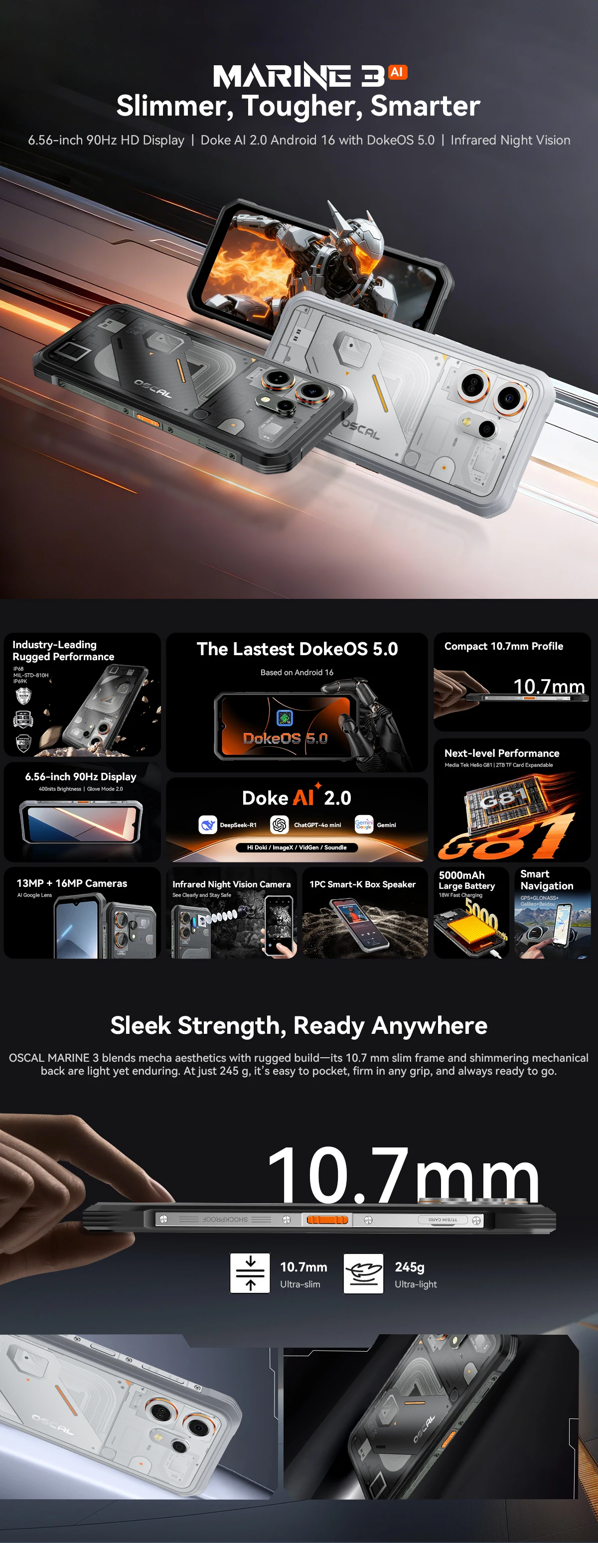 [Versand aus Polen] [Ohne EU-Ladegerät] Robustes Smartphone Blackview OSCAL MARINE 3, 24 GB (8+16) + 256 GB, 6.56" HD 90 Hz Display, 5000 mAh Akku, Android 16 – Detail 2