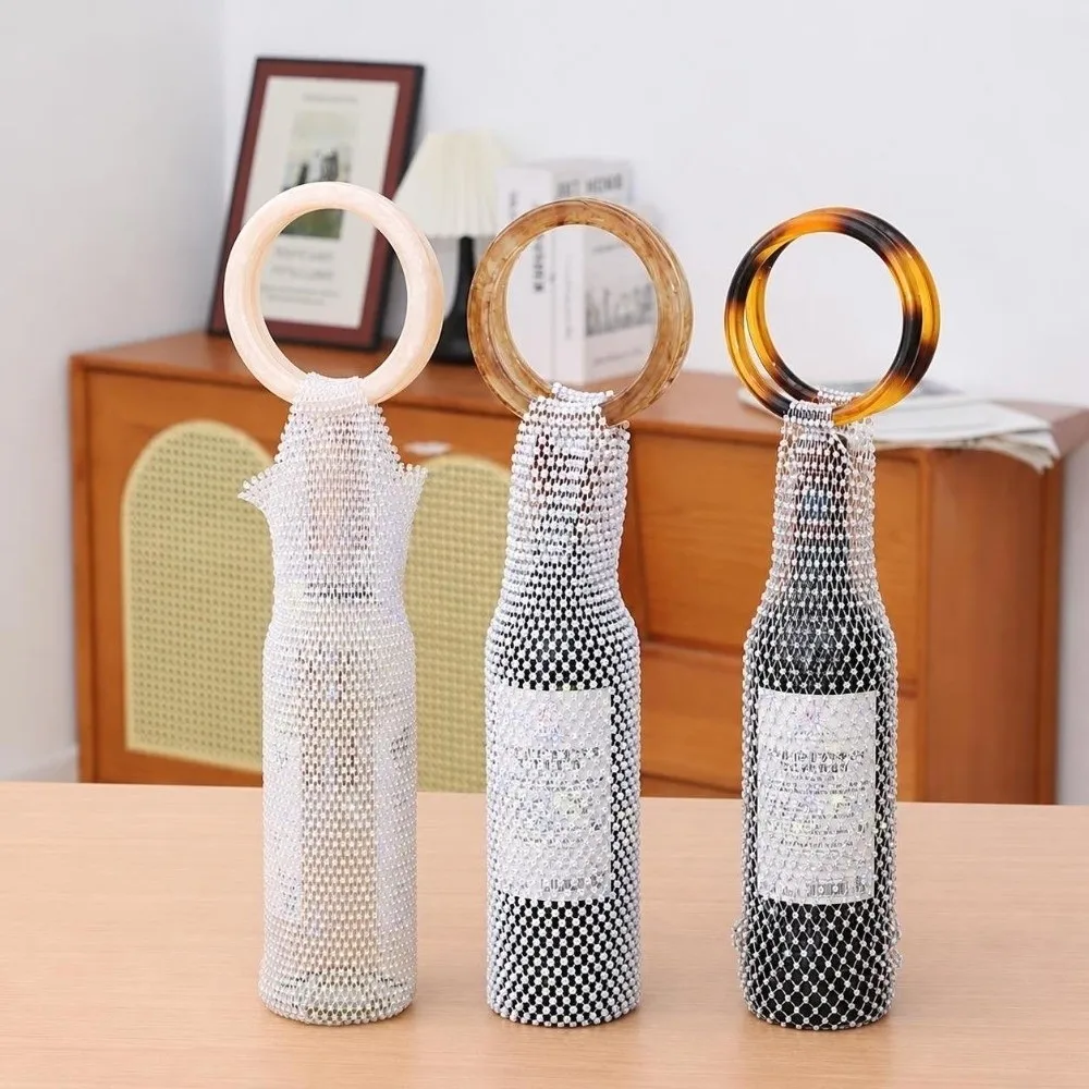 Portable Rhinestone Diamond Wine Bag Resin Handle Handwoven Bling Bottle Cover Hand-carrying Bottle Bag Christmas