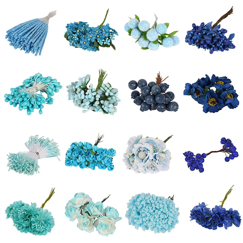 

12/50/70/90pcs Mixed Blue Flower Stamen Berries Bundle Artificial Mini Pearl Flower Stamen Pistil Wedding Gift Box Wreath Decor