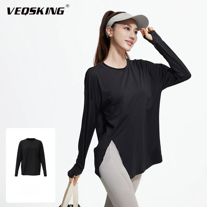 

VEQSKING New women's split design yoga suit long sleeved loose slimming sports top running training fitness suit