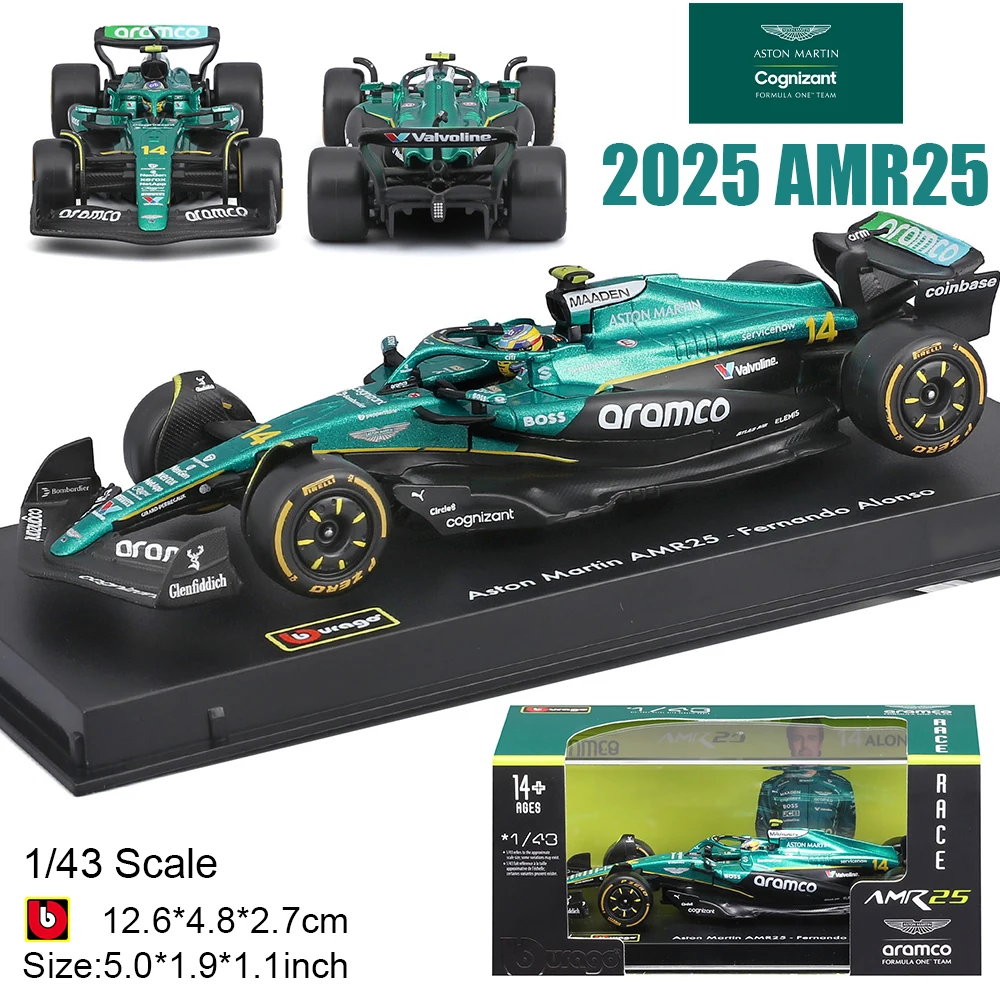

Bburago 1:43 F1 2025 Aston Martin AMR25 14# Fernando Alonso 18# Lance Stroll Alloy Car Die Cast Model Toy with an acrylic box