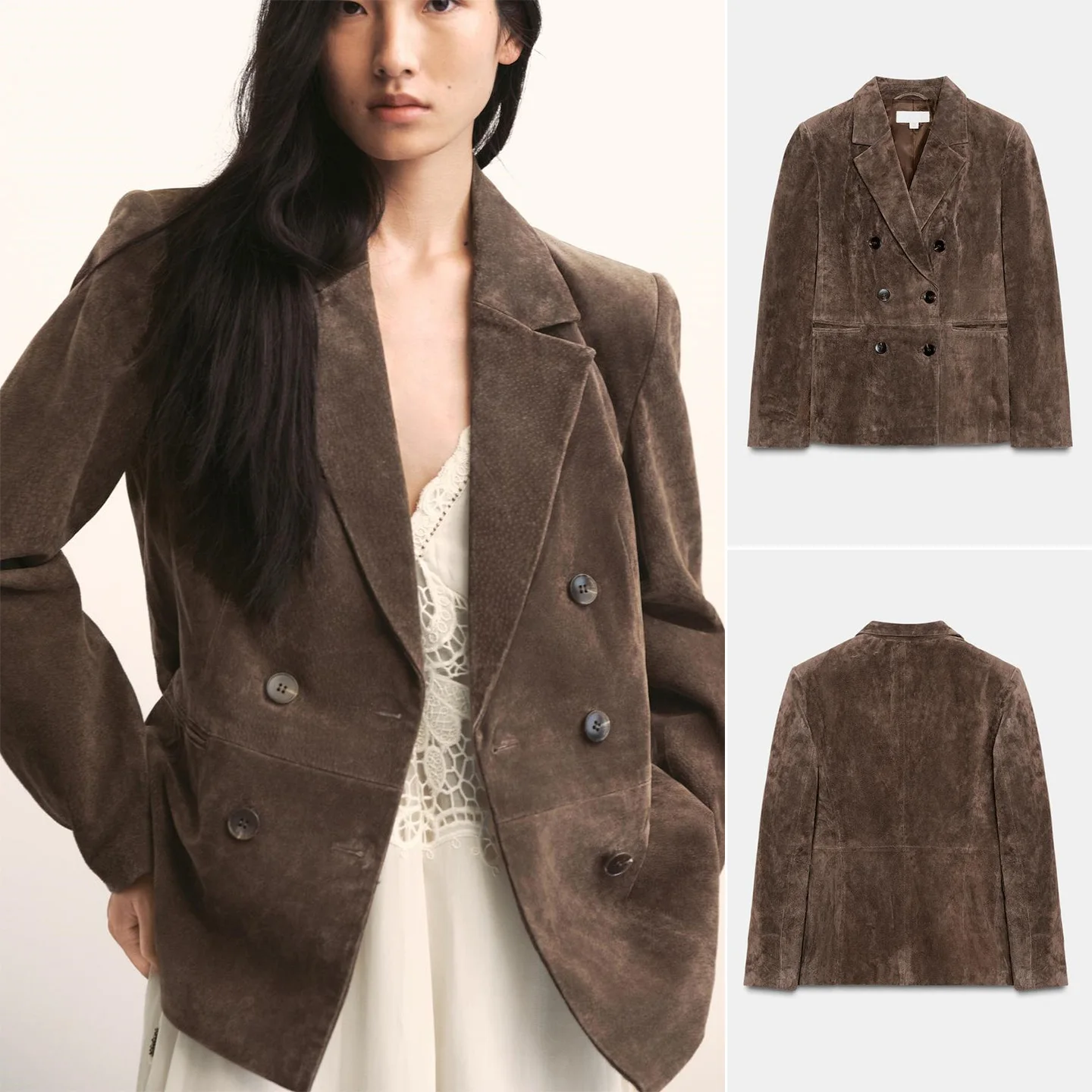 

Fall New Women's PU Leather Long Sve Double-breasted oulder Padded Suit Jaet Flip-collar Cover Design Commute Sle