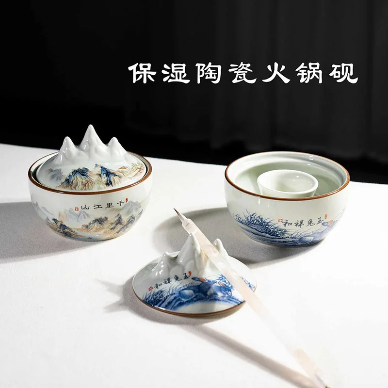 Ceramic Hot Pot Inkstone with Lid, Double-Ring Moisturizing Design, Fast-Drying Calligraphy Ink Palette