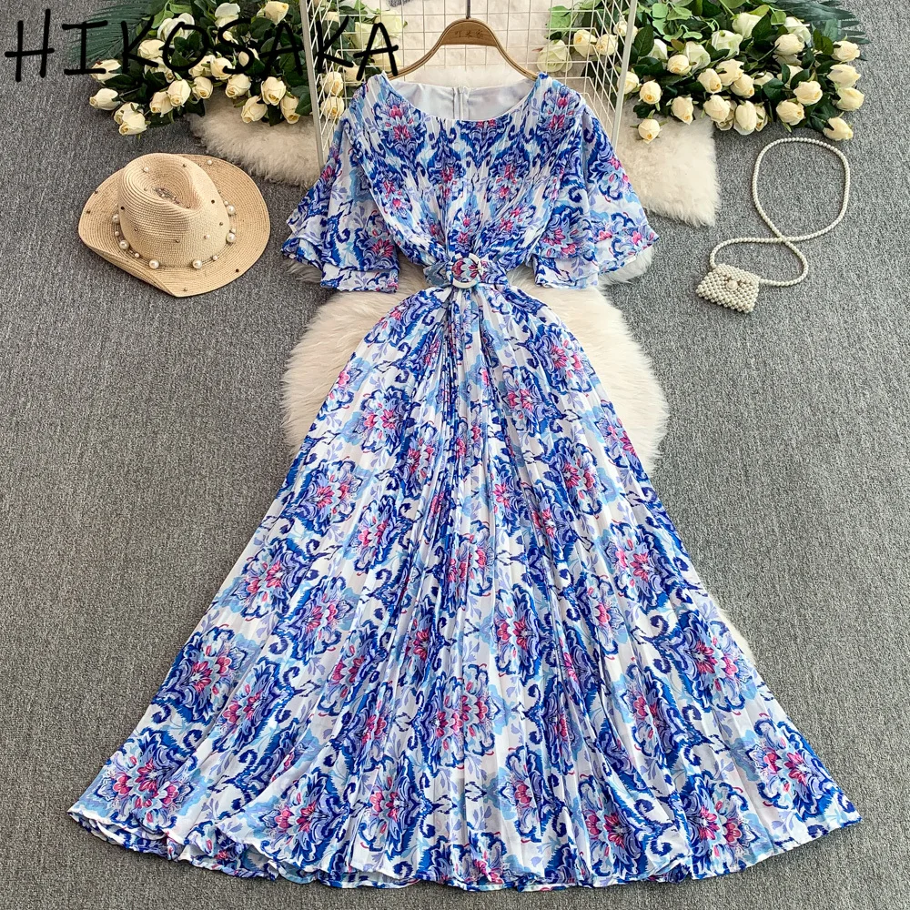 

French Style Retro Print Dress Double-layer Flare Sleeve O-neck Pleated Robe Elegant Slim Waist Big Swing Vestidos Mujer Moda