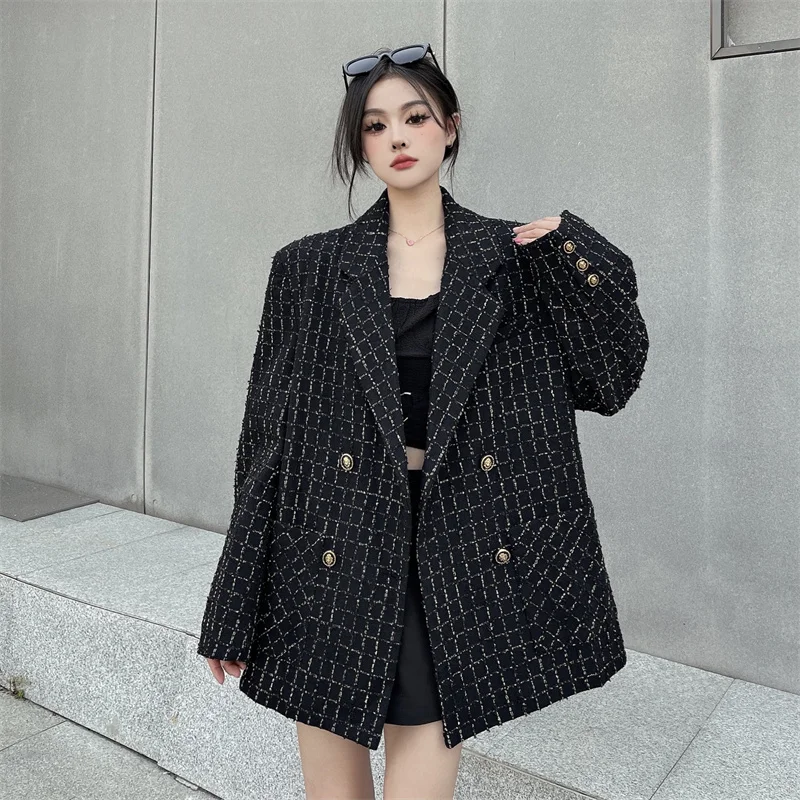 UNXX Oversized Woven Black Blazer for Women Female Office Lady, Autumn/Winter Loose-Fit High-End Jacket Fashionable High Quality