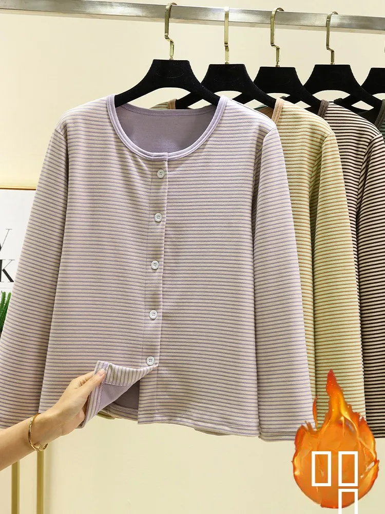 

Утепленный флисовый пижамный топ для женщин, зимний, теплый, с длинным рукавом, в полоску, свободного кроя, домашняя одежда, большие размеры, открытый кардиган