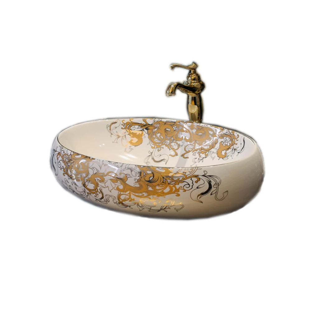 

Oval Porcelain Vanity Vessel Sink Hand Painting Ceramic Art Washbasin Counter Above A27