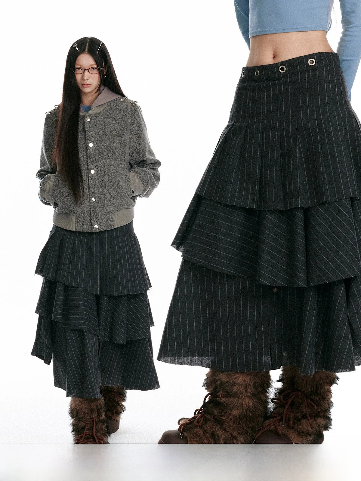 

JIKOO Fantasy Melody Irregular Striped Mid-Length Half Skirt Cake Long Skirt Textured Heavy Trim Street Style Skin-Friendly B...