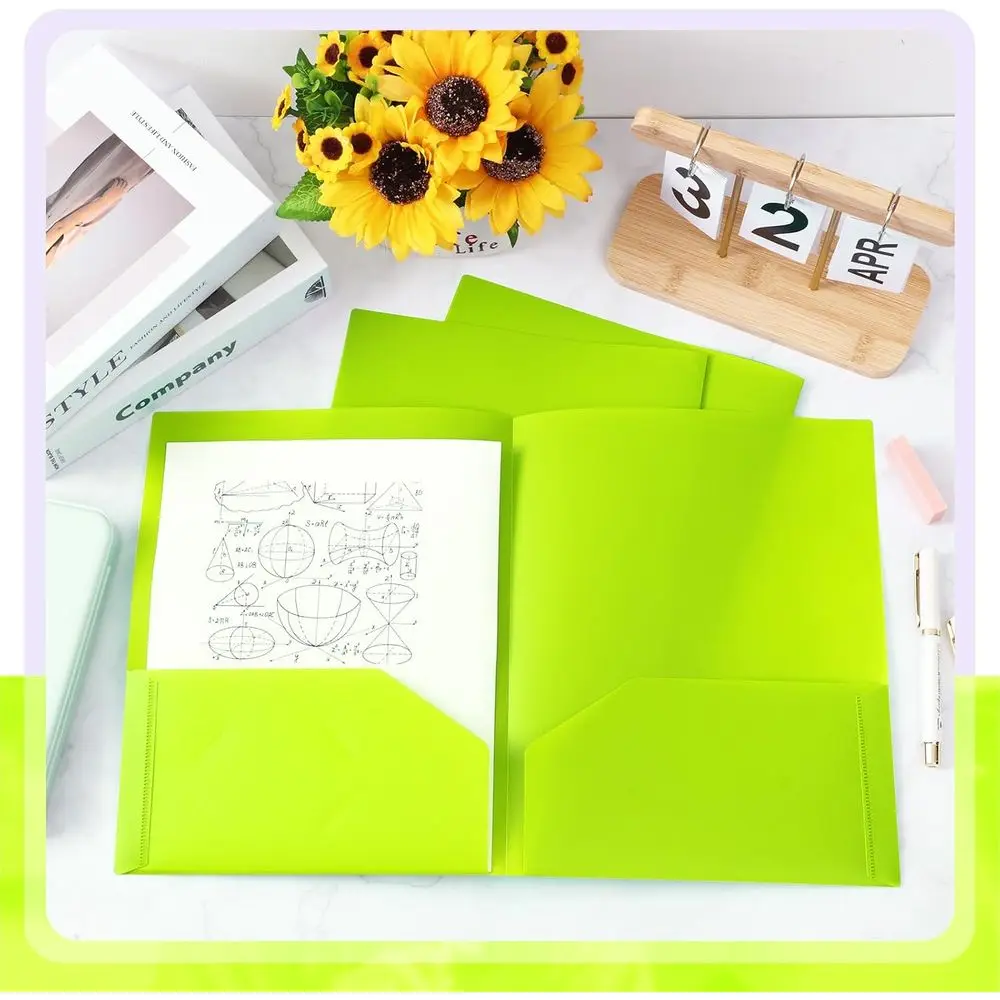 Pastas de arquivo de plástico resistentes de 100 peças, 2 bolsos, tamanho carta, portfolios duráveis para casa, escritório, escola, verde limão