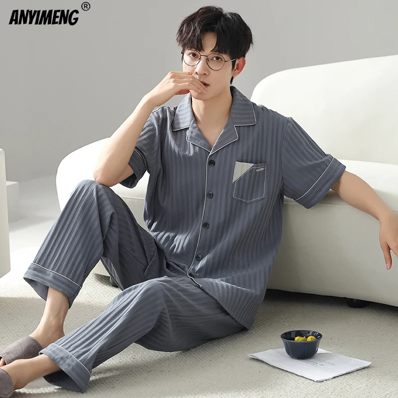 Spring Autumn Men Cotton Pajamas Soft Short Sleeves Long Pants Pajama Big Size L-3XL Man Sleepwear Soft Lapel Loungewar