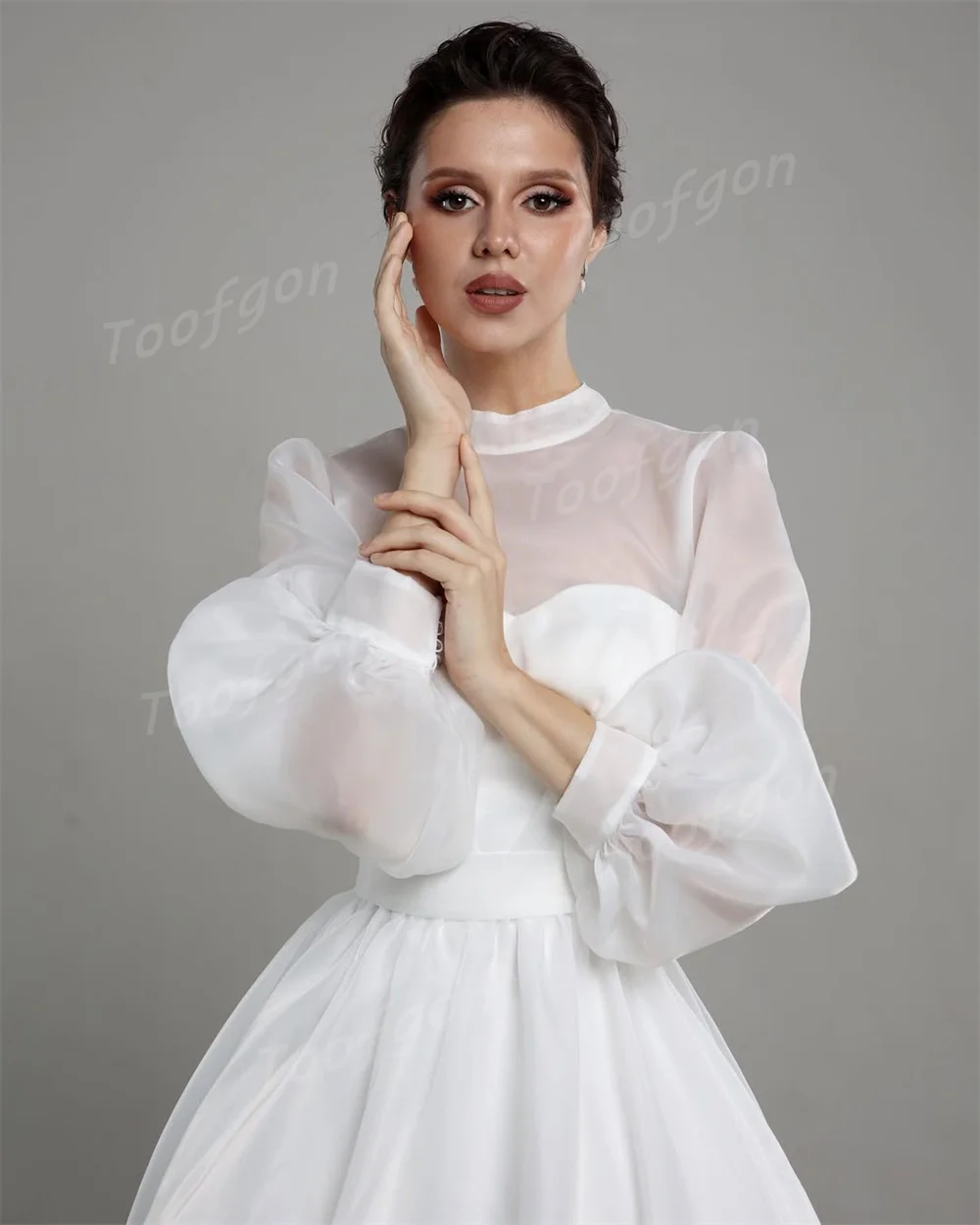 Toofgon สาย Organza ที่กําหนดเองชุดแต่งงานเจียมเนื้อเจียมตัวยาวพัฟแขนชุดแต่งงานเจ้าสาวการถ่ายภาพชุด