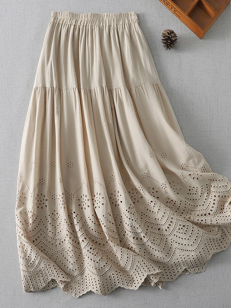 

Женская хлопковая юбка Ele с вышивкой и вырезами, весна-лето, универсальная, свободного кроя, А-силуэт, в корейском стиле