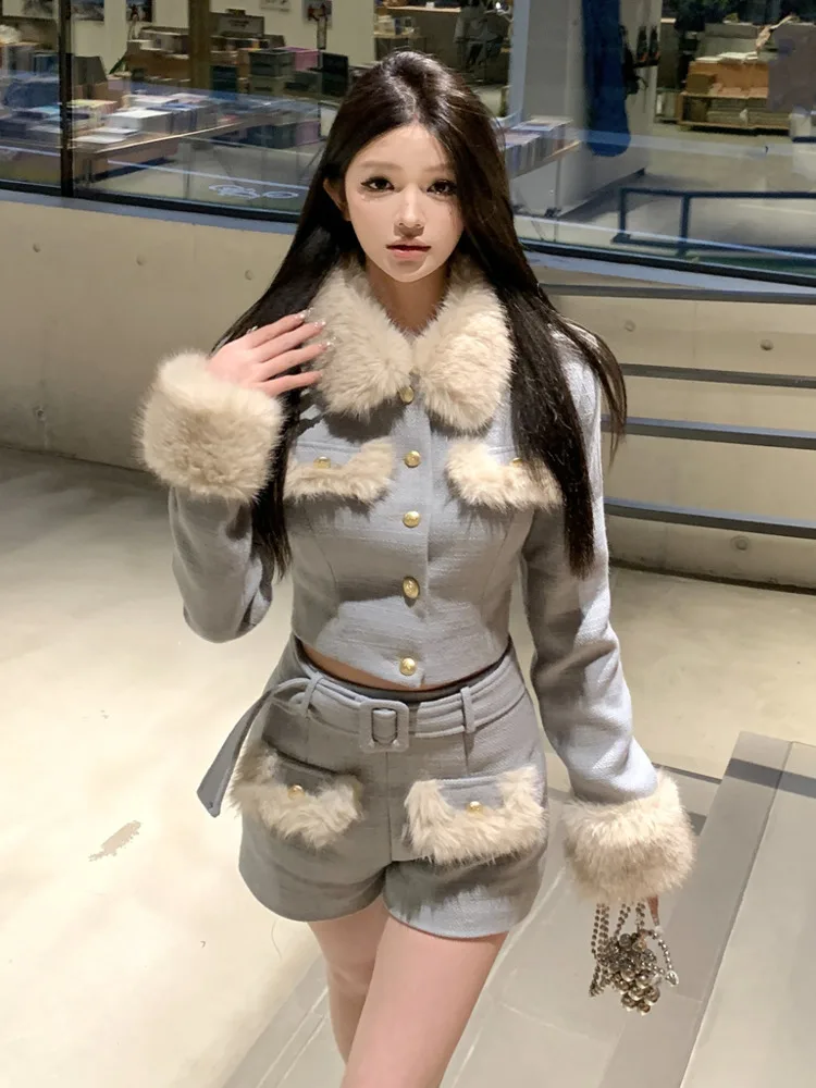 High Quality Winter Warm Two Piece Pant Sets Women Western Style Jacket Coat + Shorts 2 Piece Sets Conjuntos Femininos Elegantes