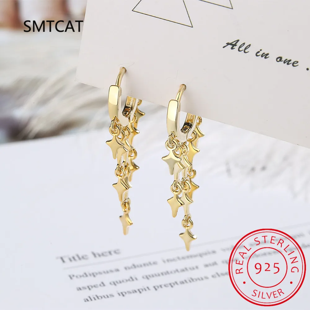 Real 925 Sterling Silver Lightning Star Long Tassel Hoop Earrings For Women Mother's Day Jewelry Creole Huggies DA3139 - view 2