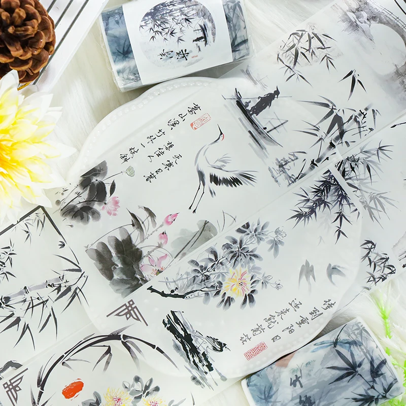 2m/Roll Matte PET Tape Chinese Ink Painting Washi Masking Tape Decorative Adhesive Stickers For Planner Scrapbooking