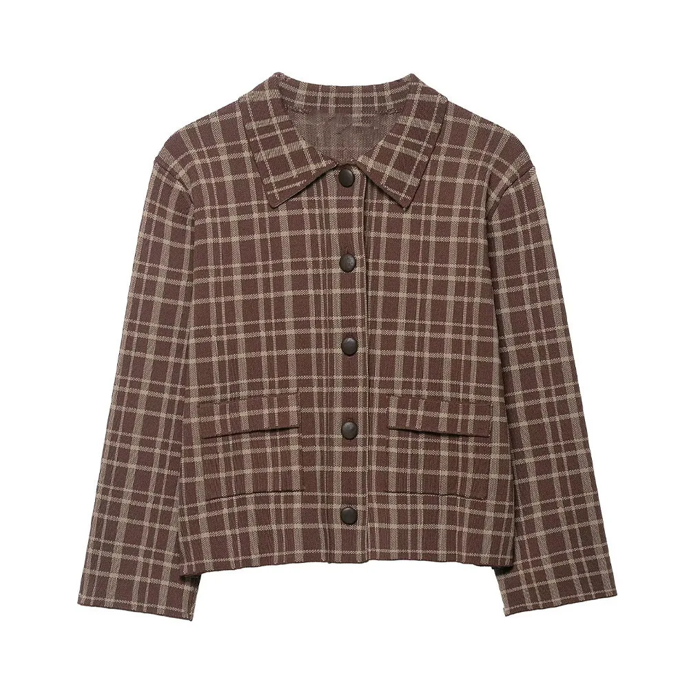 Nowa kolekcja jesień-zima 2025: płaszcz damski w kratę z kołnierzykiem, mieszanka materiałów, styl retro, temperament, koreańska dzianinowa kurtka.