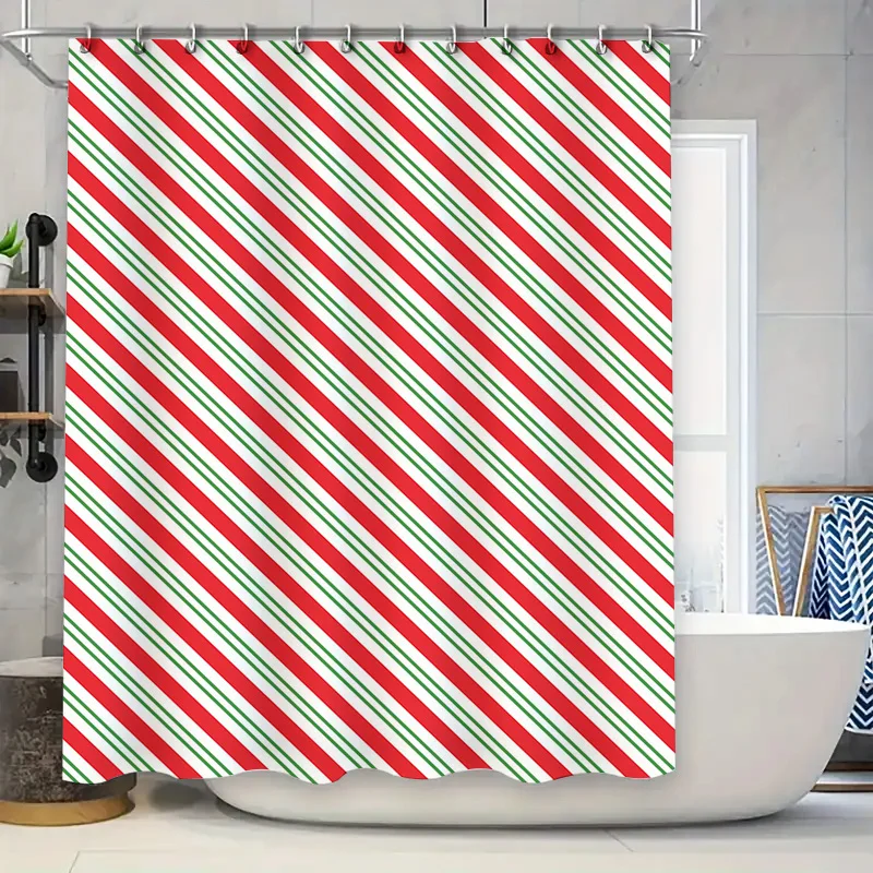 Festive Christmas Stripes: Red, White, and Green Diagonal Pattern Shower Curtain for a Joyful Holiday Bathroom Décor