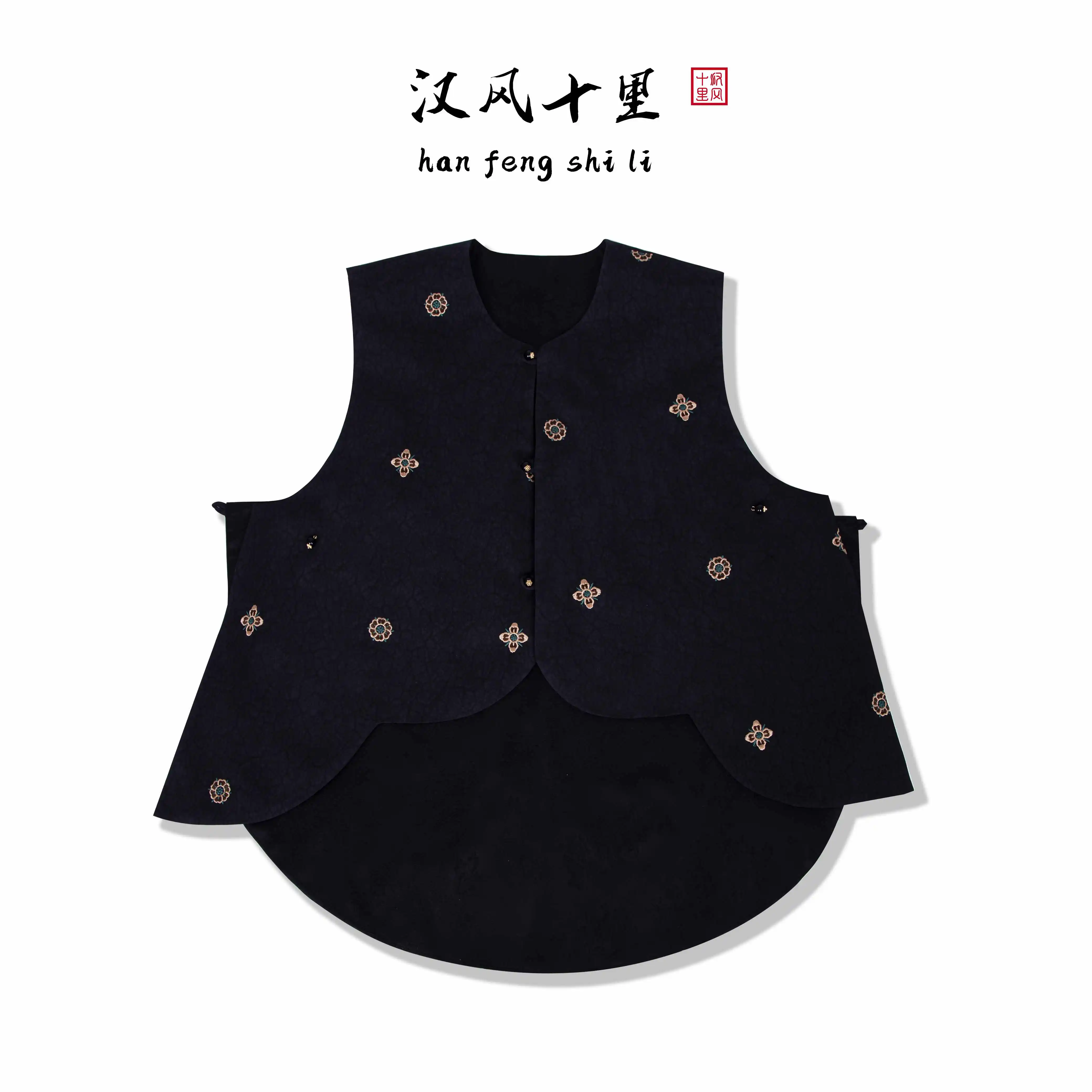 hanfengshili-black-jacquard-vest-hand-embroidered-four-leaf-flower-scalloped-hem-sleeveless-minimalist-waistcoat-tops